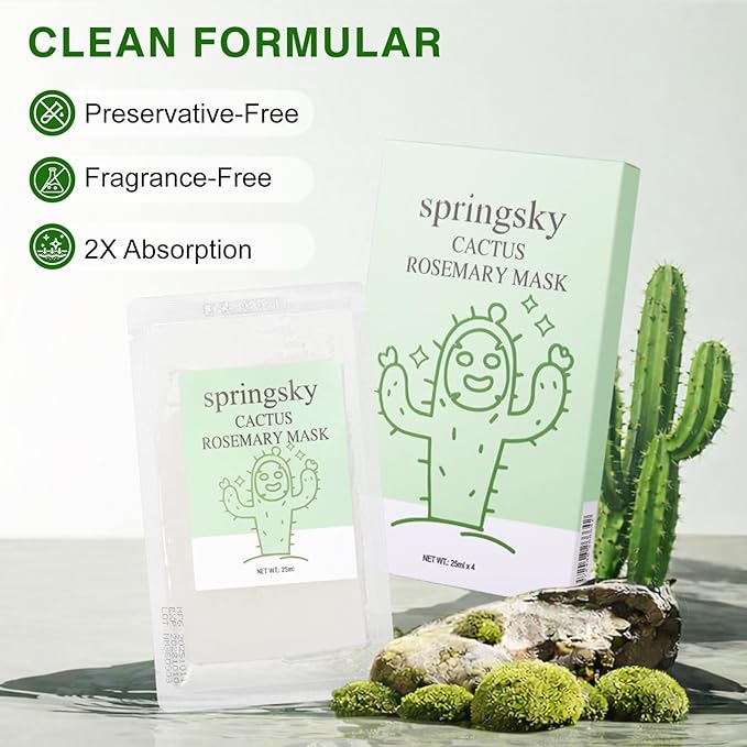SPRINGSKY Hydrating Face Mask with Natural Cactus & Centella Asiatica, Moisturizing Sheet Mask for Dry Sensitive Skin, 24HR Deep Hydration Soothing for Radiant Glow, Korean Skincare,12 Count