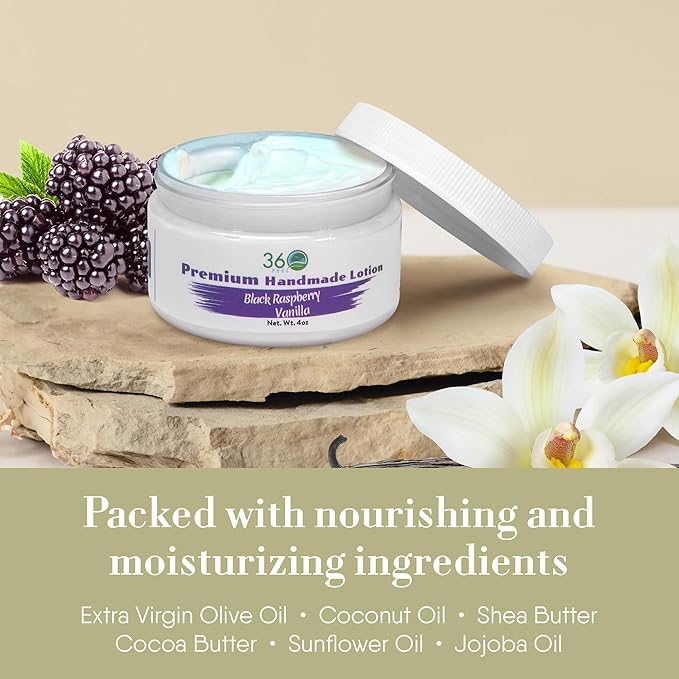 360Feel Black Raspberry Vanilla Lotion - Hydrates with Coconut & Olive Oil, Plant-Based, Non-Greasy, Sensitive Skin, All Day Use