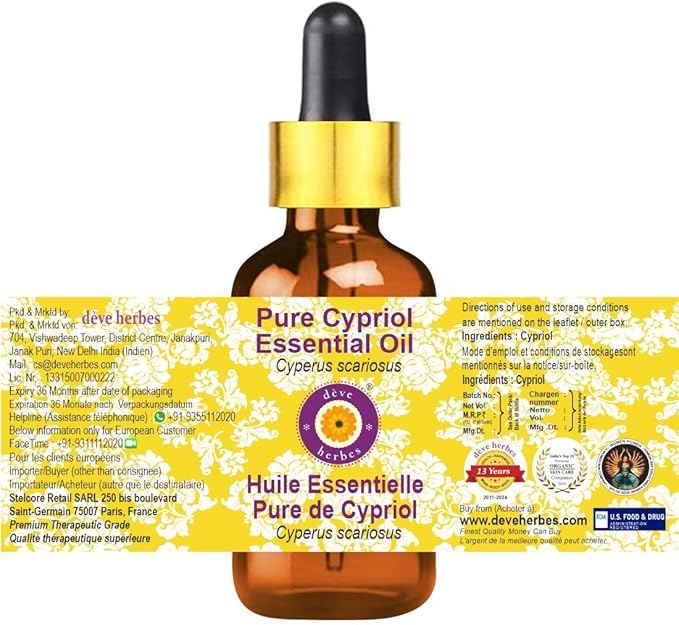 Deve Herbes Pure Cypriol Essential Oil (Cyperus scariosus) Steam Distilled with Glass Dropper 100ml (3.38 oz)