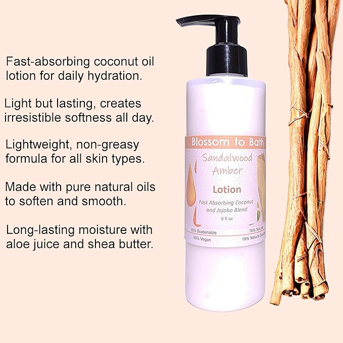 Blossom to Bath Sandalwood Amber Lotion (8 Ounce) - Phthalate Free Fragrance - Absorbs Quickly with a Woodsy Warm Scent