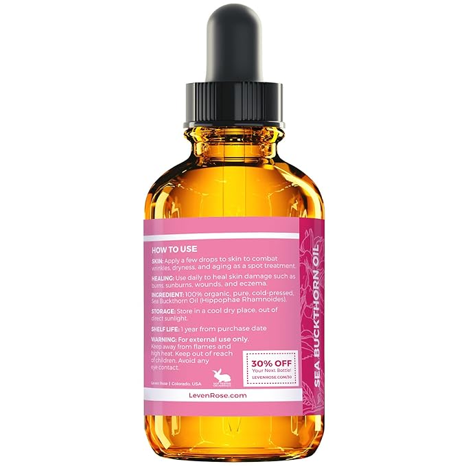 Leven Rose Sea Buckthorn Seed Oil, 100% Pure Unrefined Cold Pressed Anti Aging Acne Treatment for Hair Skin and Nails (1 oz)