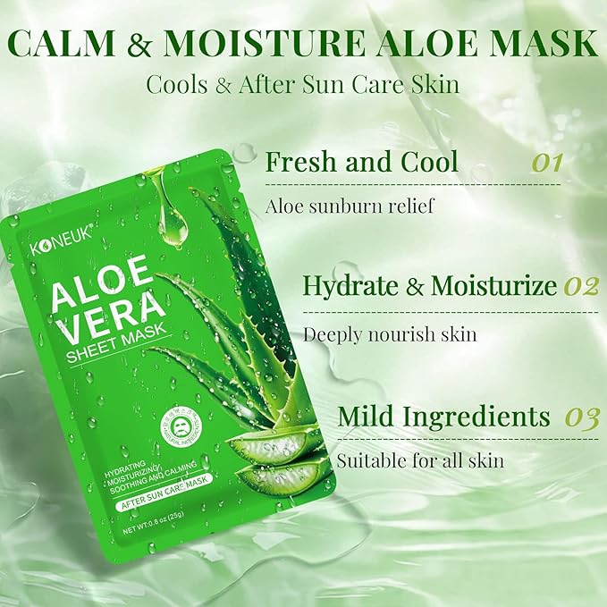 KONEUK 12 Pack Aloe Vera Face Masks Skincare, Sheet Aloe Hydrating Face Mask for Sunburn Relief and After Sun Care, Bulk Aloe Vera Face Mask for Spa Party Gifts
