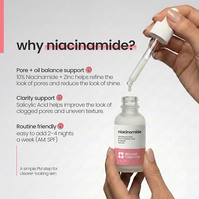 Niacinamide Serum for Face by Natural Outcome Skin Care, B-Boost Niacinamide 10% Plus Zinc 2% Salicylic Acid + Hyaluronic Acid, Acne Treatment + Pore Reducing Serum + Skin Balancing