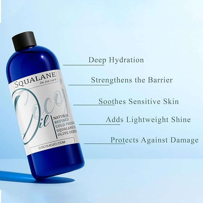Dr Joe Lab Squalane Oil Pure Plant Derived Refined Cold Pressed Squalene From Olives Vegan Undiluted Bulk Carrier Oil for Face Skin Hair Body Cosmetics Natural Cleanser Moisturizer (16 oz)