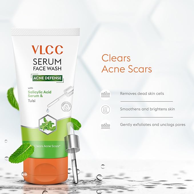 VLCC Acne Serum Face Wash - Facial Cleanser with Salicylic Acid - Gentle Acne Face Wash for Women and Men - Tulsi Extract - 3.38 oz