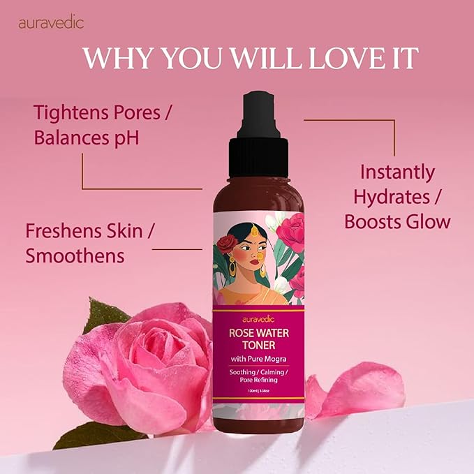 Auravedic Rose Water Toner Spray for Face | Natural Facial Mist for Glowing Skin with Damask Rose | Hydrates, Soothes & Clarifies | Maintains Skin's pH | 3.38 Fl Oz (100ml)