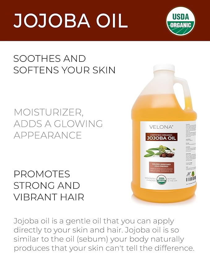 velona Jojoba Oil USDA Certified Organic - 1 Gallon / 128 Fl Oz | 100% Pure and Natural | Golden, Unrefined, Cold Pressed, Hexane Free | Moisturizing Face, Hair, Body, Skin Care