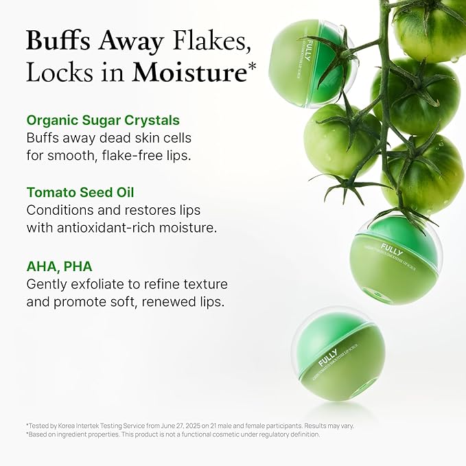 FULLY Green Tomato Smoothie Sugar Lip Scrub, Gentle Lip Exfoliator with Organic Sugar & Tomato Seed Oil for Smooth, Hydrated Lips, Vegan Daily Lip Polish for Dry, Flaky Lips, Korean Skincare, 0.42 oz
