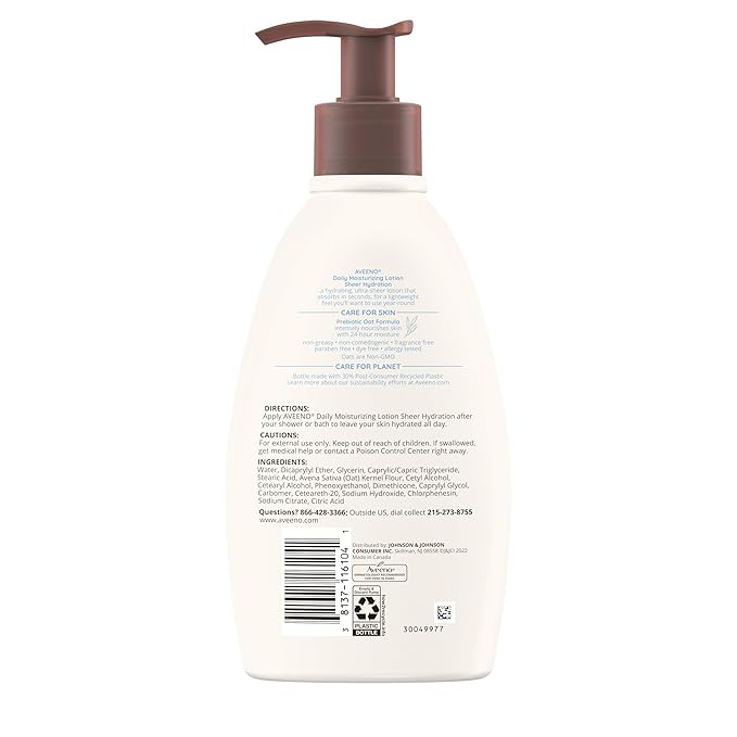 Aveeno Sheer Hydration Daily Moisturizing Fragrance-Free Lotion with Nourishing Prebiotic Oat, Fast-Absorbing Body Moisturizer for Dry Skin with Lightweight, Breathable Feel, 12 fl. oz (Pack of 2)