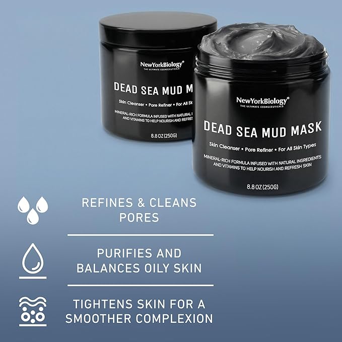 New York Biology Dead Sea Mud Mask for Face and Body | Spa Quality Pore Refiner for Oily Skin | Natural Skincare for Women & Men | Tighten Skin for A Healthier Complexion | 8.8 oz