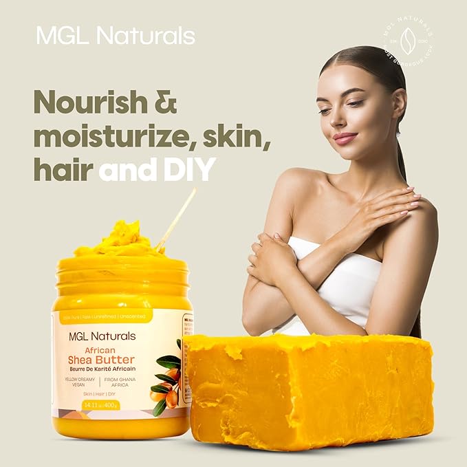 MGL Naturals Shea Butter Yellow Creamy 16oz, African, Unrefined, and Raw. Nourish and moisturize skin and hair. Use alone or DIY recipes. From Ghana, West Africa. (16 oz Jar)