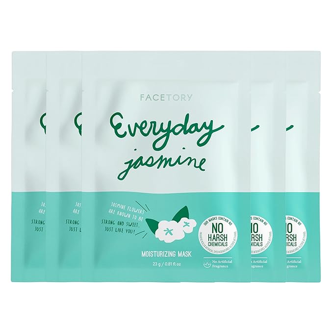 FACETORY K Beauty Face Mask Skin Care - Everyday JASMINE Moisturizing Sheet Mask | Plant-Based with Jasmine Infusion (5 Pack)