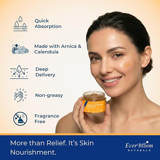 Arnica & Magnesium Calming Moisturizer Gel 4oz, Fast Recovery for Skin Bruising, Redness & Puffiness. Soothing Massage for Tension, Spasms & Thin Skin. With Emu Oil &E ucalyptus. Non-Greasy.
