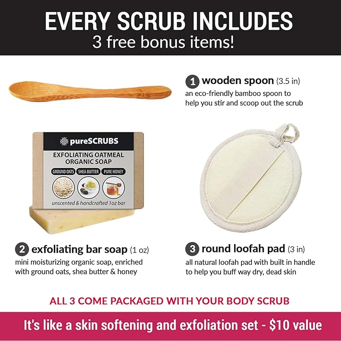 pureSCRUBS Premium Coconut Brown Sugar Scrub | Face, Feet & Full Body Scrub | Large 16oz Jar Includes Wooden Spoon, Loofah & Mini Exfoliating Bar Soap