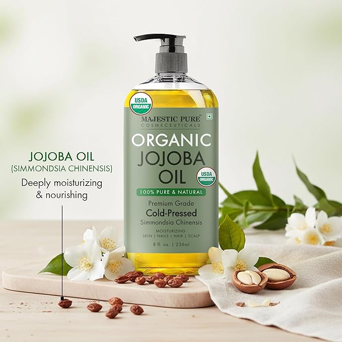 Majestic Pure USDA Organic Jojoba Oil 8 Fl Oz - 100% Pure and Natural- Cold Pressed & Hexane Free Natural Hair Growth Oil for Eyelashes, Eyebrows, Skin, Body, Face, Nails & Scalp