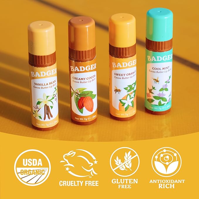 Badger Sweet Orange Cocoa Butter Lip Balm, 100% Organic Lip Balm, Hydrating Long Lasting Lip Moisturizer, Large Stick Lip Care, 4-pack