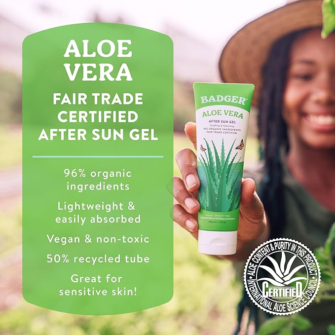 Badger Organic Aloe Vera Gel for Face & Body, 96% Pure Unscented Organic Aloe Gel for Cooling, Soothing, Non-Sticky Sunburn Relief, Vegan, Fair Trade & Hypoallergenic, 4 fl oz
