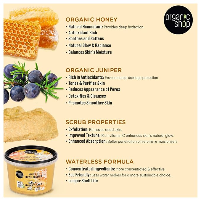 Organic Shop Honey Salt & Juniper Hydrating & Exfoliating Body Scrub, 100% Vegan & Organic, Daily Exfoliant, Detox & Moisturizer, Body, Face, Hand & Foot, Intensive Care & Skin Toning. 250ml