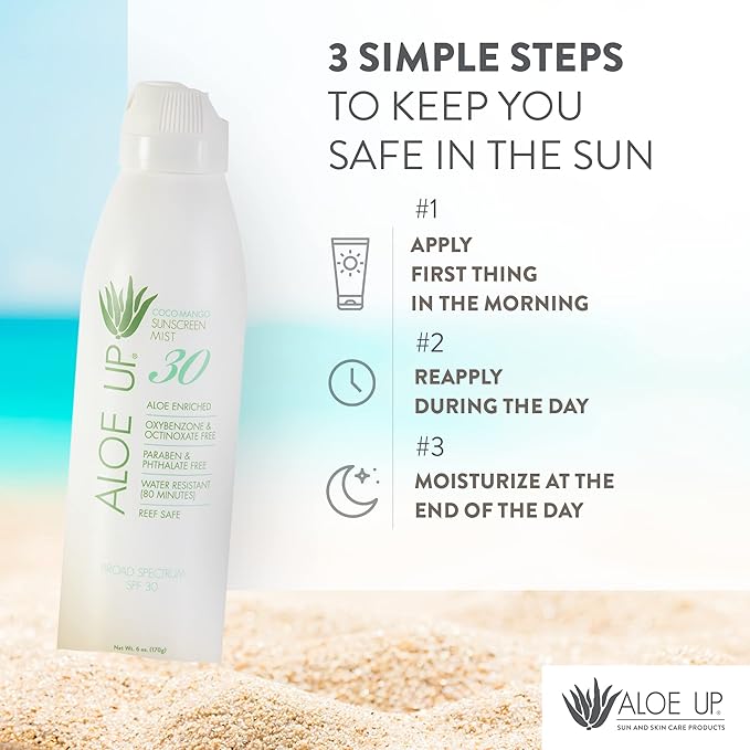 Aloe Up White Collection SPF 30 | Sunscreen Spray Mist for Face & Body with Aloe Vera Gel | Water Resistant up to 80 Minutes | Reef Friendly, Non Greasy, Fast Absorbing | Coco Mango Fragrance 4 Oz
