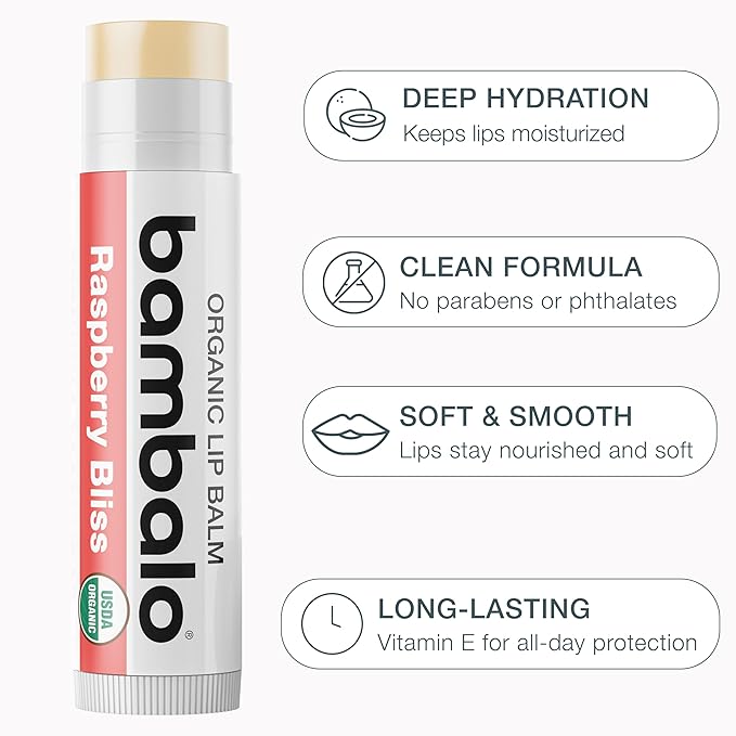USDA Organic Lip Balm Variety 4-Pack by Bambalo – Beeswax, Coconut Oil, Vitamin E – Lip Repair Chapstick for Dry Cracked Lips – Moisturizing Care for Men and Women
