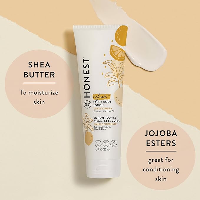 The Honest Company Hydrating Face and Body Lotion, Fast Absorbing, Naturally Derived Hypoallergenic, Citrus Vanilla Refresh, 8.5 fl oz