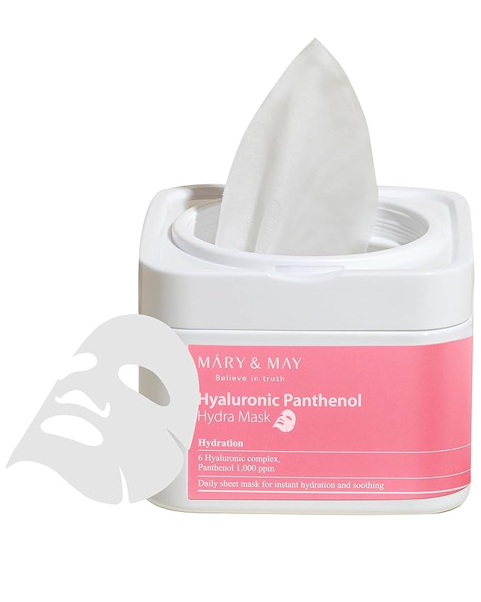 Mary&May Hyaluronic Panthenol Hydra Mask (30 Sheets) – Daily Pull-Out Box with 6 Types HA, Hydrating & Soothing Korean Sheet Mask for Dry Dehydrated Skin, Glass Skin Prep