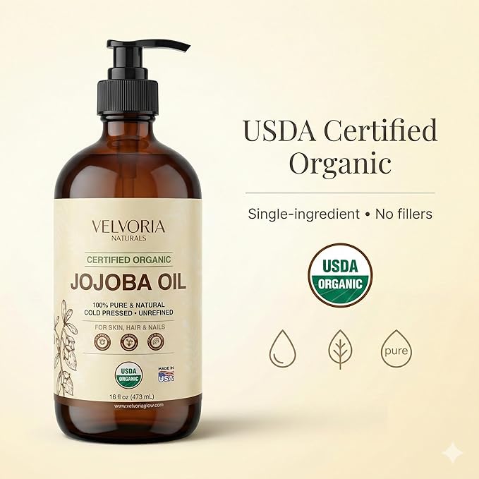 Organic Jojoba Oil - 100% Pure, Cold Pressed, Unrefined Non-GMO for Skin, Hair & Nails 16oz - Glass bottle with pump