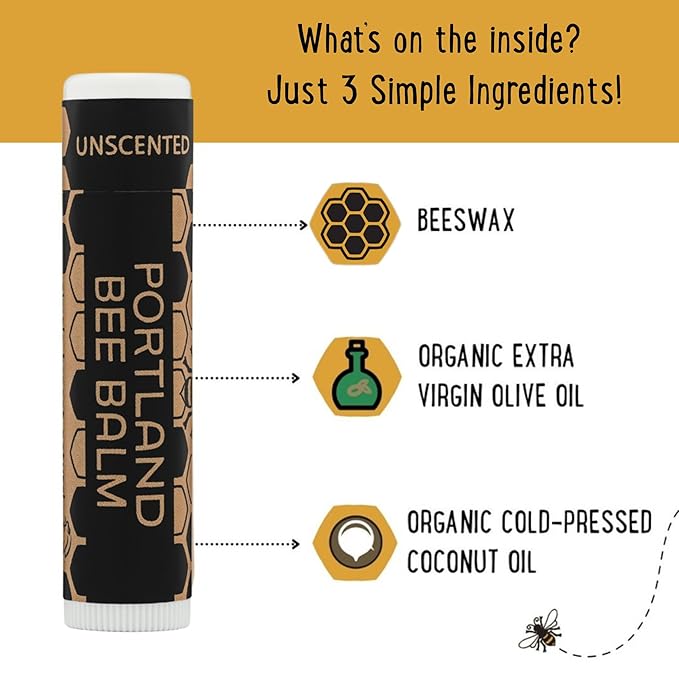 Portland Bee Balm All Natural Handmade Beeswax Based Lip Balm, Unscented 9 Count