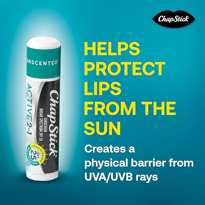 ChapStick Active 2-in-1 Unscented Flavored Lip Balm Tubes with Mineral Based SPF 25 Sunscreen - 0.18 Oz (Pack of 3)