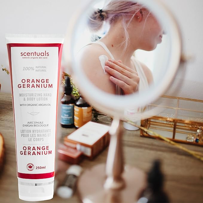 Hand & Body Cream Scented with Essential Oil Orange Geranium, Made with Organic Argan Oil, Olive Oil and Aloe Juice, for Dry Skin, Cruelty Free, Natural Skin Care Products, 250 ml, 8.45 fl.oz