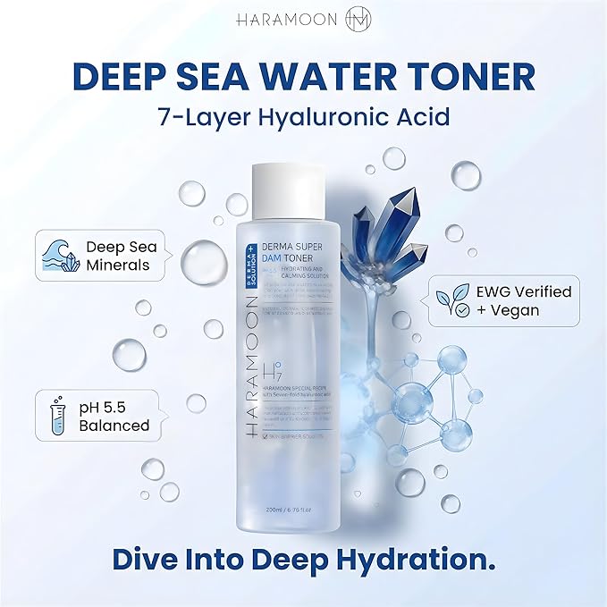 Deep Sea Water Toner with 7-Layer Hyaluronic Acid | pH Balanced Korean Skincare | Vegan Hydrating Calming Toner for Sensitive Skin | 200mL