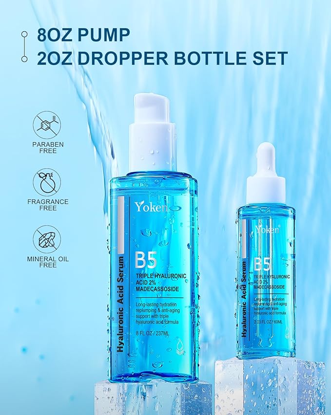 Yoken EWG Verified Hyaluronic Acid Serum for Face 8 + 2 fl oz, Vitamin B5 & Triple Pure Hyaluronic Acid 2%, hydrating Facial Serum for refined texture Hydrating Serum Plump Dry Skin Fragrance-Free