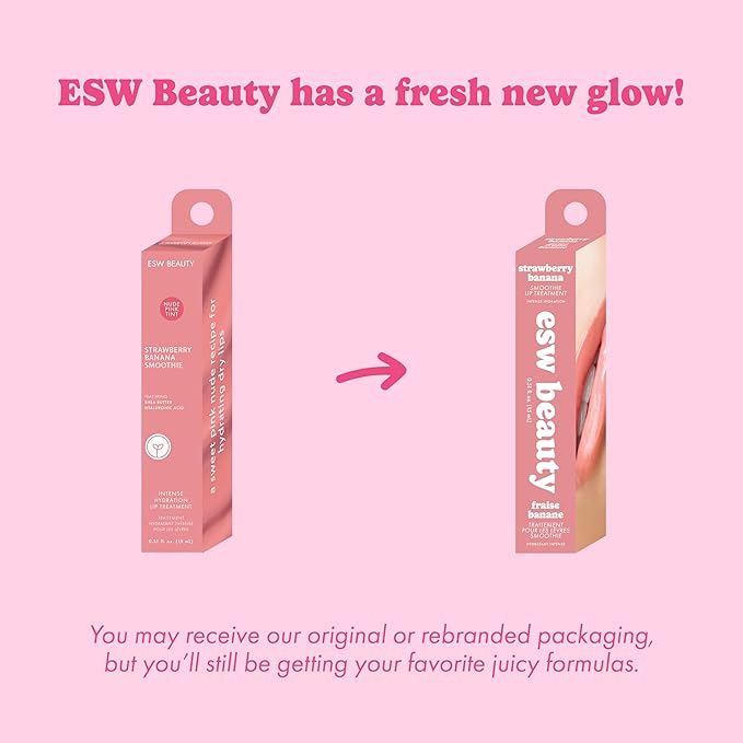 ESW Beauty Strawberry Banana Smoothie Lip Treatment - Soft Pink Nude Tint with Shea Butter, Hyaluronic Acid, Strawberry & Banana for Intense Hydration & Dryness Prevention