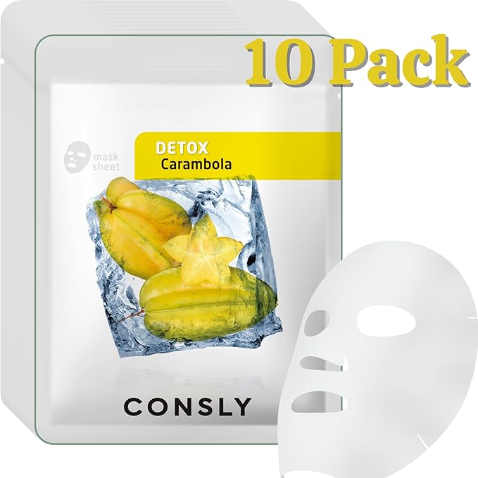 CONSLY_Carambola Detox Mask 10 Pack | Hydrating Korean Sheet Masks with Star Fruit Extract | Refreshing Self-Care for Healthy-Looking Skin | All Skin Types | 20ml Each