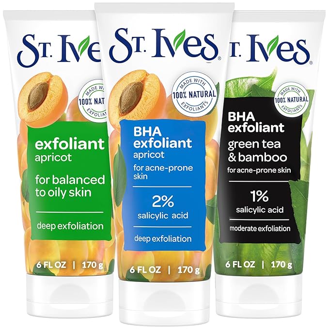 St. Ives Face Scrub, Exfoliant Variety 3-Pack, Fresh Skin & BHA Apricot Scrubs + Blackhead Clearing with Green Tea & Bamboo, 6 Oz Ea