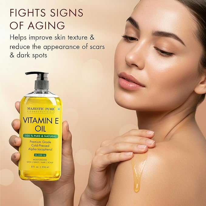 Majestic Pure Vitamin E Oil 8 Fl Oz - 100% Pure and Natural- Cold Pressed & Hexane Free Natural Hair Growth Oil for Eyelashes, Eyebrows, Skin, Body, Face, Nails & Scalp (Pack of 2)