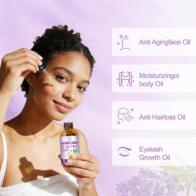 Lavender Oil for Face, Organic Facial Oils with Rosehip, Vitamin E, Frankincense & Pomegranate, USDA Certified Cold Pressed 100% Natural Anti-Aging for Moisturizing, Brightening - 4oz / 120ml