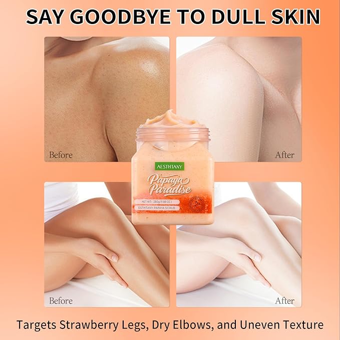 Papaya Body Scrub, Exfoliating Sugar Scrub for Body, Moisturizing Body Exfoliator for Dry Rough Skin, Tropical Papaya Scent Body Polish for Soft Smooth Skin