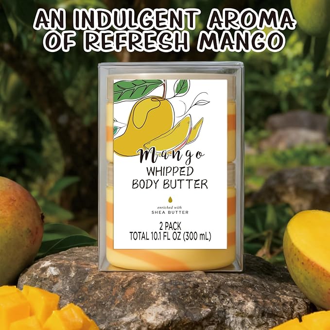 Mango Whipped Body Butter, Shea Body Butter for Women Dry Skin, Natural Mango Lotion for Body Moisturizer-Deep Moisturizing and Softening-3.4 floz+6.8 floz(100ml+200ml)