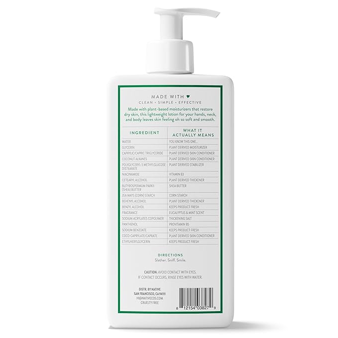 Native Body Lotion, Eucalyptus & Mint, 48-Hour Hydration for Dry & Sensitive Skin, Made with Plant-Based Moisturizers like Shea Butter, Silicone & Paraben Free, 16.5 fl oz