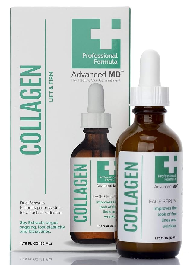 Advanced MD Collagen Face Serum Moisturizer For Wrinkles & Fine Lines Professional Formula To Lift & Firm By Targeting Lost Skin Elasticity. Soy Extract, Antioxidants, Peptides, 1.75 Fl Oz
