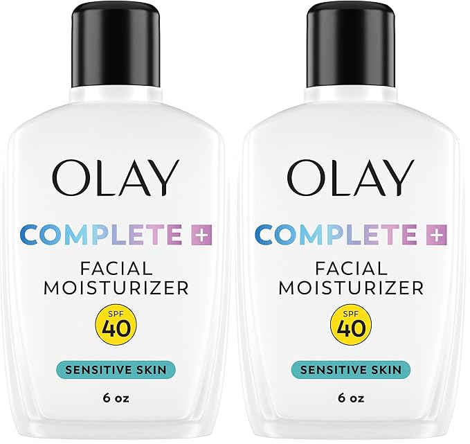 Olay Complete+ Face Moisturizer with Sunscreen SPF 40,For Sensitive Skin,Broad Spectrum Sun Protection,Fragrence-Free-No White Cast on All Tones,Nourishes Moisture Barrier-Ceramides,6 Oz,(Pack of 2)