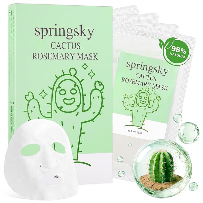 SPRINGSKY Hydrating Face Mask with Natural Cactus & Centella Asiatica, Moisturizing Sheet Mask for Dry Sensitive Skin, 24HR Deep Hydration Soothing for Radiant Glow, Korean Skincare, 4 Count