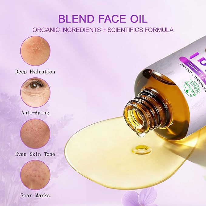 Lavender Oil for Face, Organic Facial Oils with Rosehip, Vitamin E, Frankincense & Pomegranate, USDA Certified Cold Pressed 100% Natural Anti-Aging for Moisturizing, Brightening - 4oz / 120ml