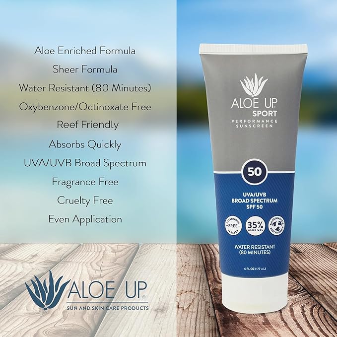 Aloe Up Sport Sunscreen Body Lotion SPF 50 – Broad Spectrum Sunblock With Aloe Vera Gel – Non-Greasy,Skin Sun Protection,No White Cast – Reef Friendly – Water Resistant 80 Minutes–Fragrance-Free–3 Oz