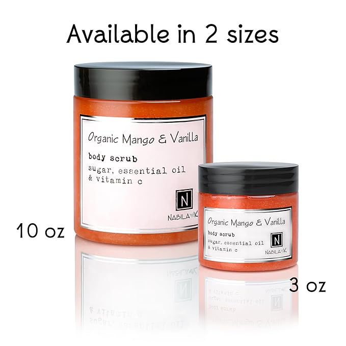 Organic Mango & Vanilla Body Scrub Made in USA with Essential Oil and Vitamin C by Nabila K - Exfoliate and Moisturize for Smooth Skin - Luxury for Women & Men, 10 oz