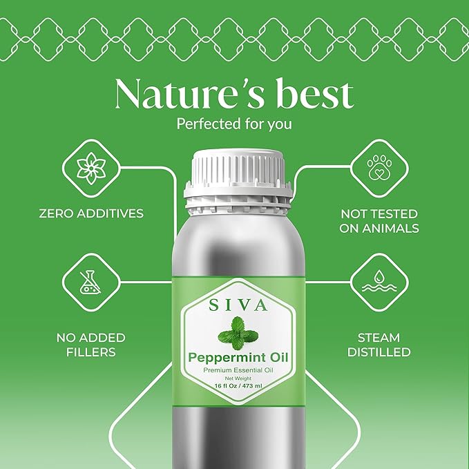 Siva Peppermint Essential Oil - 16 Fl Oz – 100% Natural Peppermint Oil - for Diffuser, Face, Skin Care, Aromatherapy, Hair Care, Scalp and Body Massage