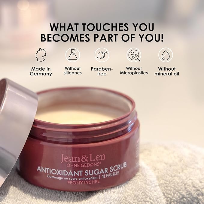 Jean & Len Antioxidant Sugar Scrub Peony & Lychee, for a fragrant cleansing experience, with rich oils, minimalistic jar, sugar scrub without parabens & silicones, 8.82 Fl. Oz.
