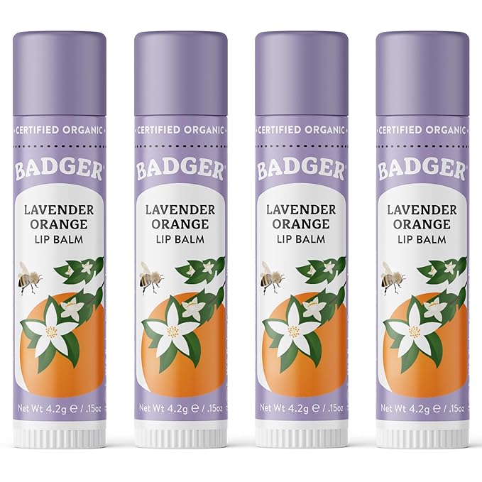 Badger Lavender Orange Classic Lip Balm, 100% Organic Balm, Long Lasting Lip Care w/Light Silky Texture, Uplifting Orange & Calming Lavender Lip Balm, 4 Pack