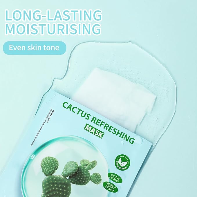 Face Masks Skincare, Pack of 5 Sheet Masks, Hydrating Facial Mask for All Skin Types, Deep Hydration, Balance Skin Water & Oil, Soothing, Cactus